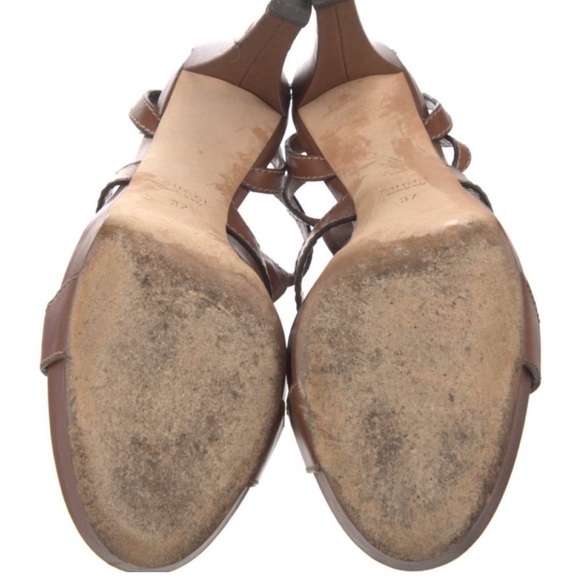 Gucci Horsebit Accent Brown Leather T-Strap Heeled Sandals - Picture 7 of 14